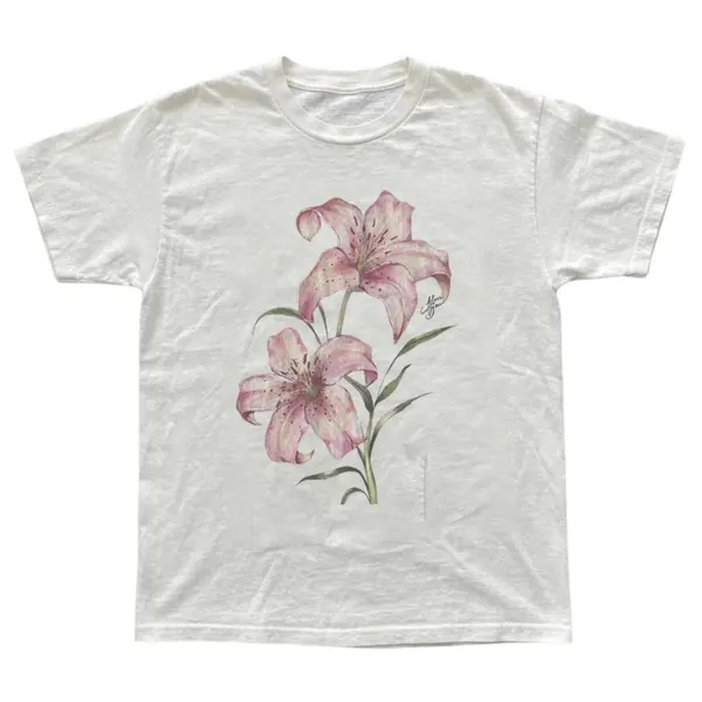 Summer Grunge Clothing - Pembe Zambak Çiçekli Tişört, Ağaç Desenli